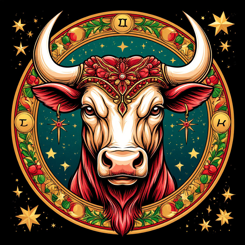 Знак зодиака телец-новогодний. Изображение сгенерировано ИИ Шедеврум