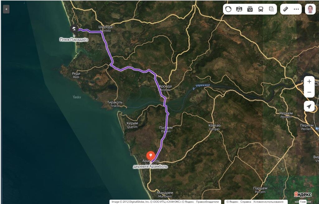 ЯНдекс-карта: путь от Арамболя до пляжа Парадайз