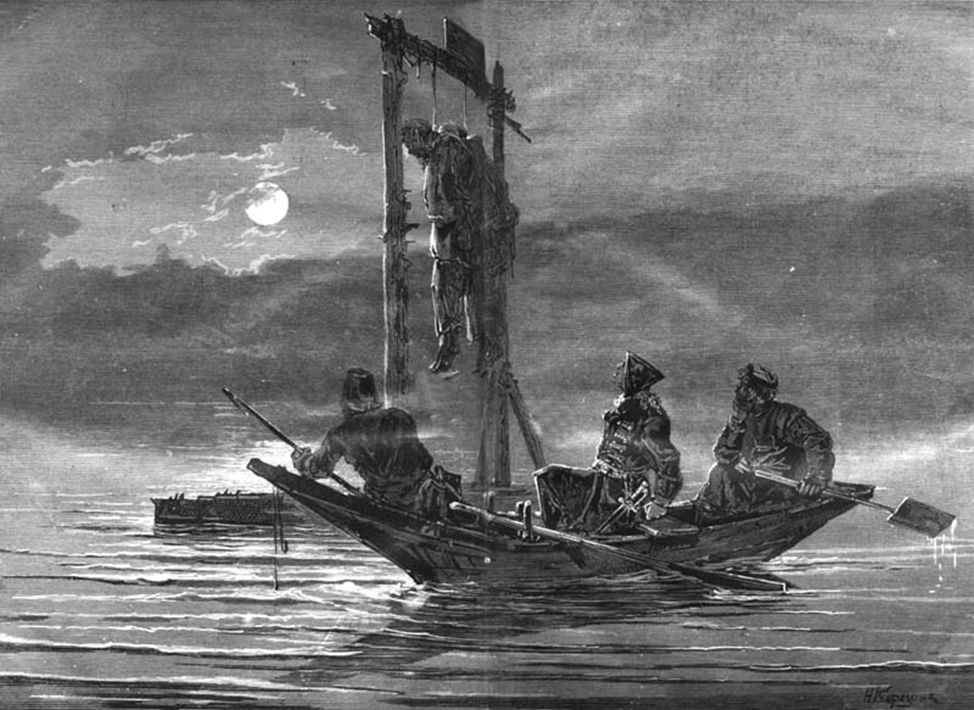 Время подавления восстания Е. И. Пугачева - виселицы на Волге (иллюстрация Н. Н. Каразина к «Капитанской дочке» А. С. Пушкина).