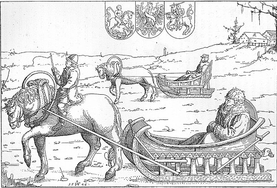 Сигизмунд Герберштейн в санях. Гравюра XVI века.