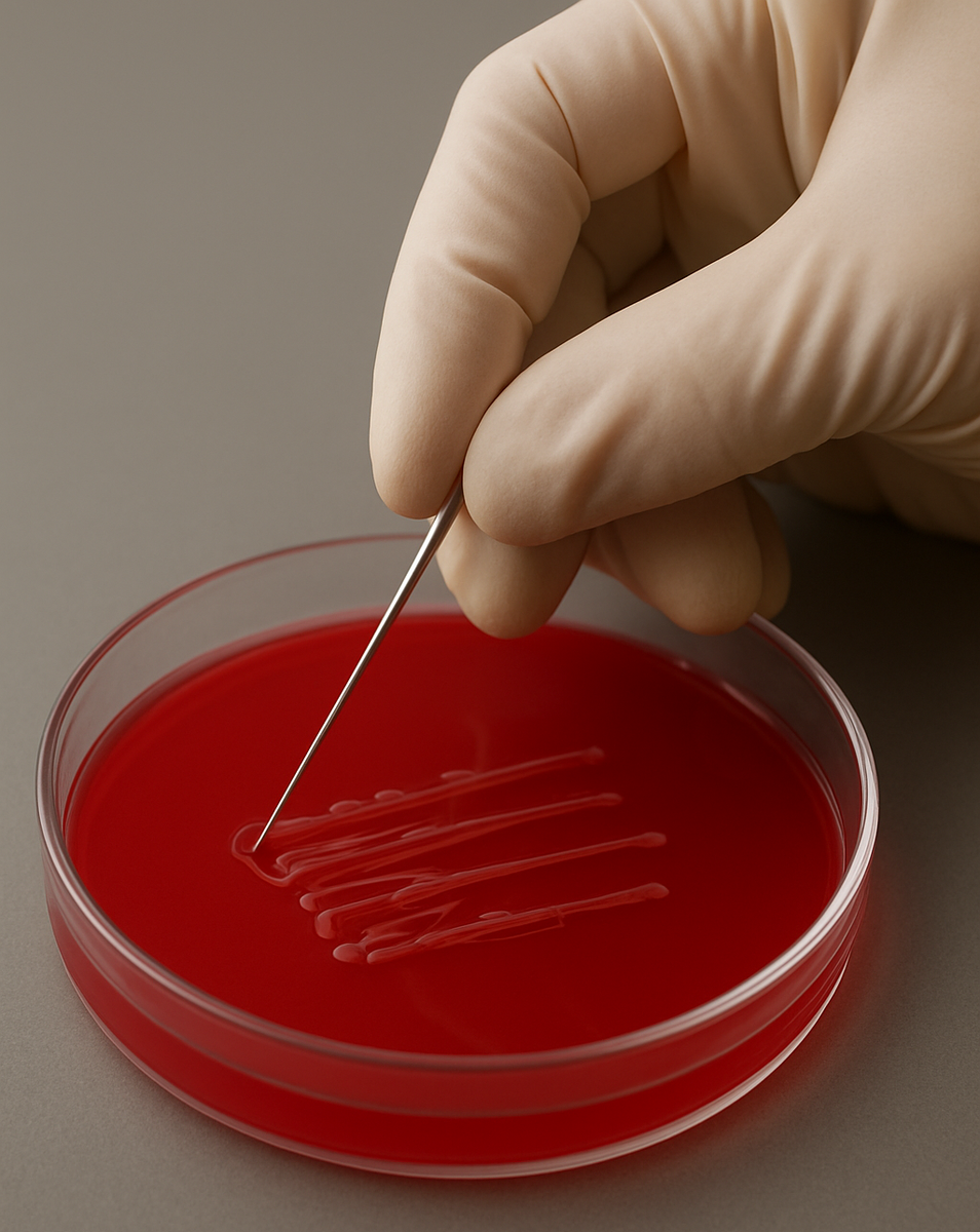 Крупный план руки в латексной перчатке, которая с помощью бактериологической петли наносит рисунок на поверхность агара в чашке Петри