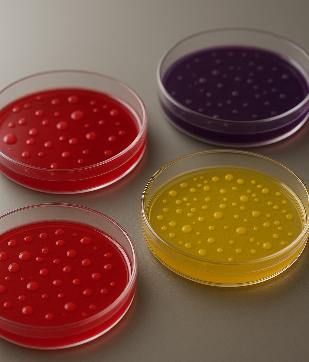 Фотография нескольких чашек Петри с разноцветными бактериальными культурами — красной, желтой, фиолетовой. Демонстрирует палитру, доступную художнику