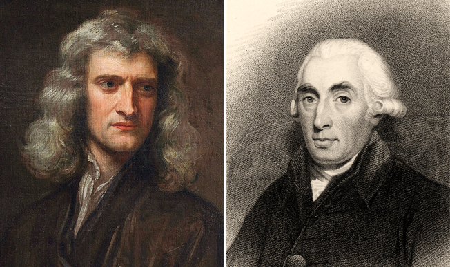 Слева - портрет И. Ньютона, который сравнивал заряды вращения Земли и Луны, а вовсе не их массы, и Г. Кавендиша справа, после аферы "взвешивания"  Земли которым и стали вводить массы в формулу Кеплера лишь в 19-м веке.