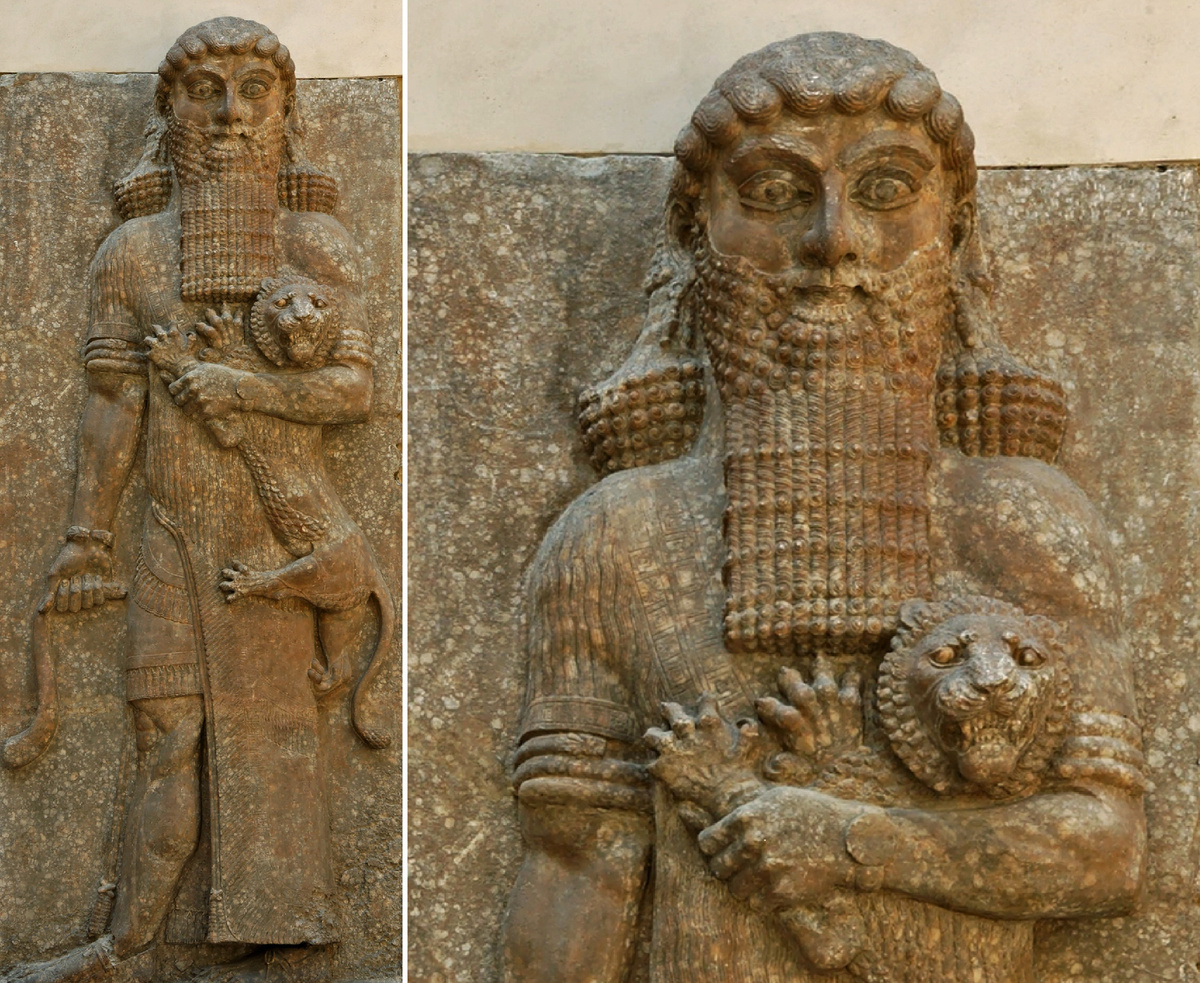 Гильгамеш, держащий в руках льва и змею, рельеф из дворца в Дур-Шаррукине, 713–706 годы до н.э. Лувр, Париж