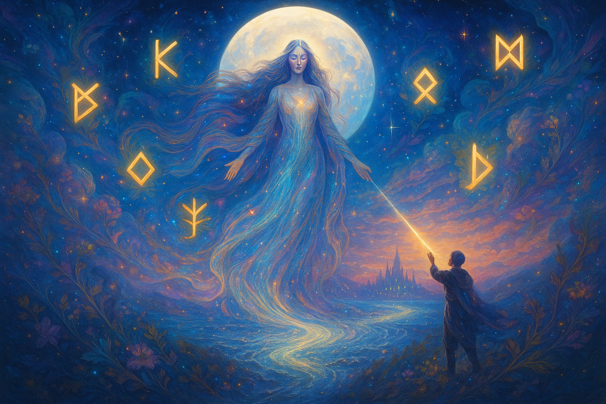 Полнолуние и рунический расклад: послание Луны через Гебо, Кано, Вуньо, Йеру и Дагаз