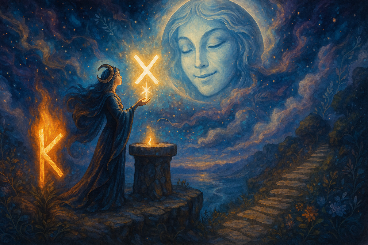 Лунная жрица у алтаря: гадание на рунах о сакральном партнёрстве и полнолунии