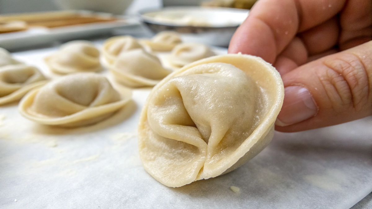 Фото крупным планом одного красивого пельменя ручной лепки