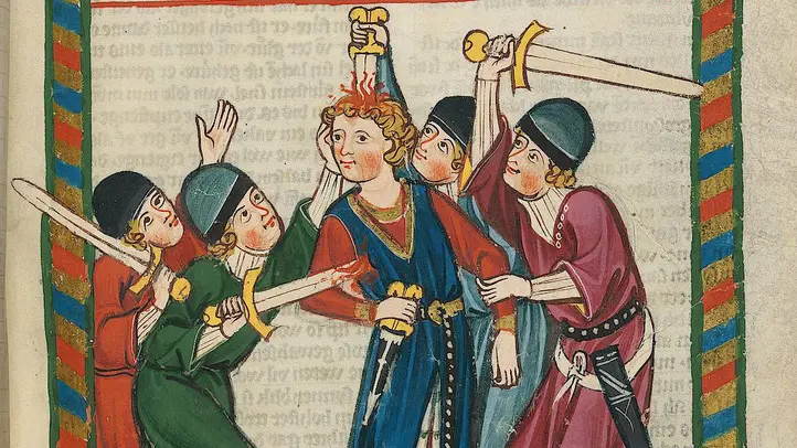 Стражники убивают убийцу Вацлава III - рисунок из средневекой рукописи сер. XIV века