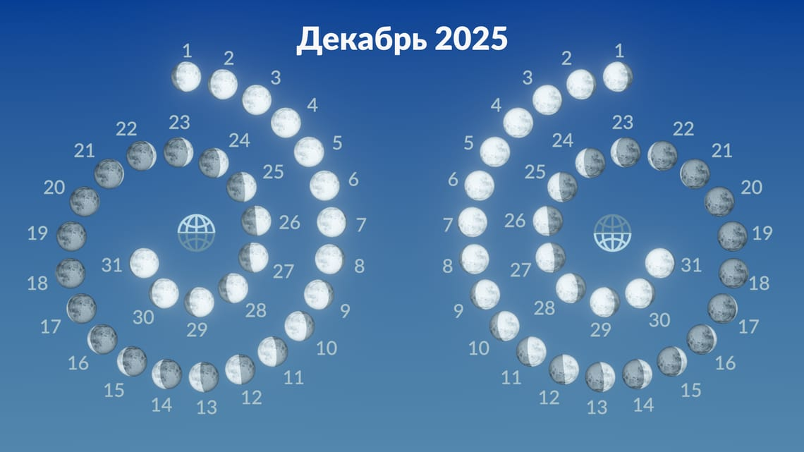 Вот как будет выглядеть Луна в Северном и Южном полушариях в каждый день декабря 2025 г. 