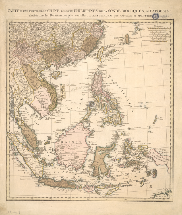 Карта 1760 года части Китая, Филиппинских островов, Зондских островов, Молуккских островов. Эта карта Юго-Восточной Азии и части Китая XVIII века была издана в Амстердаме фирмой «Ковенс и Мортье». Фото является общественным достоянием.