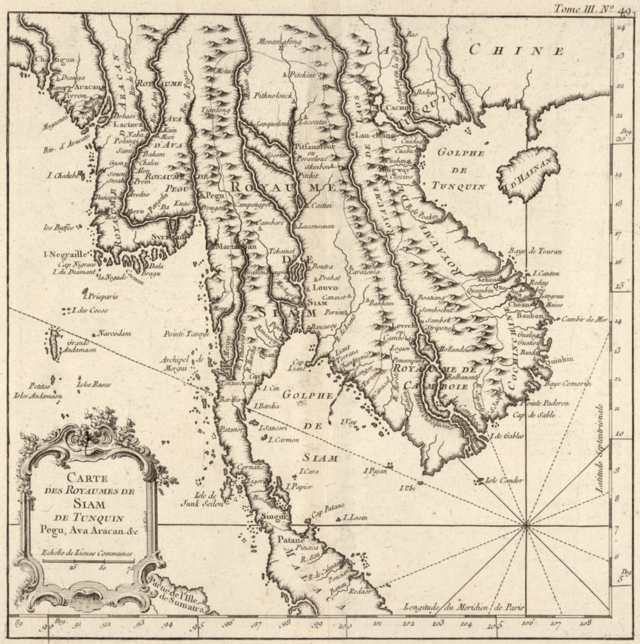 Карта Жака Николя Беллена 1764 года королевств Сиам, Тункин, Пегу, Ава Аракан. Фото является общественным достоянием.