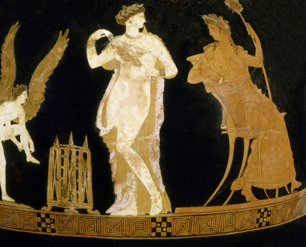 Клисмос на терракотовой ойнохои (кувшине)
Греция, Аттика
Середина IV века до н. э.
Изображенная сцена является частью афинского праздника в честь Диониса, вероятнее всего Анфестерий, завершавшегося священным браком бога с супругой архонта-басилея – высшего должностного лица, олицетворявшего древних афинских царей.
