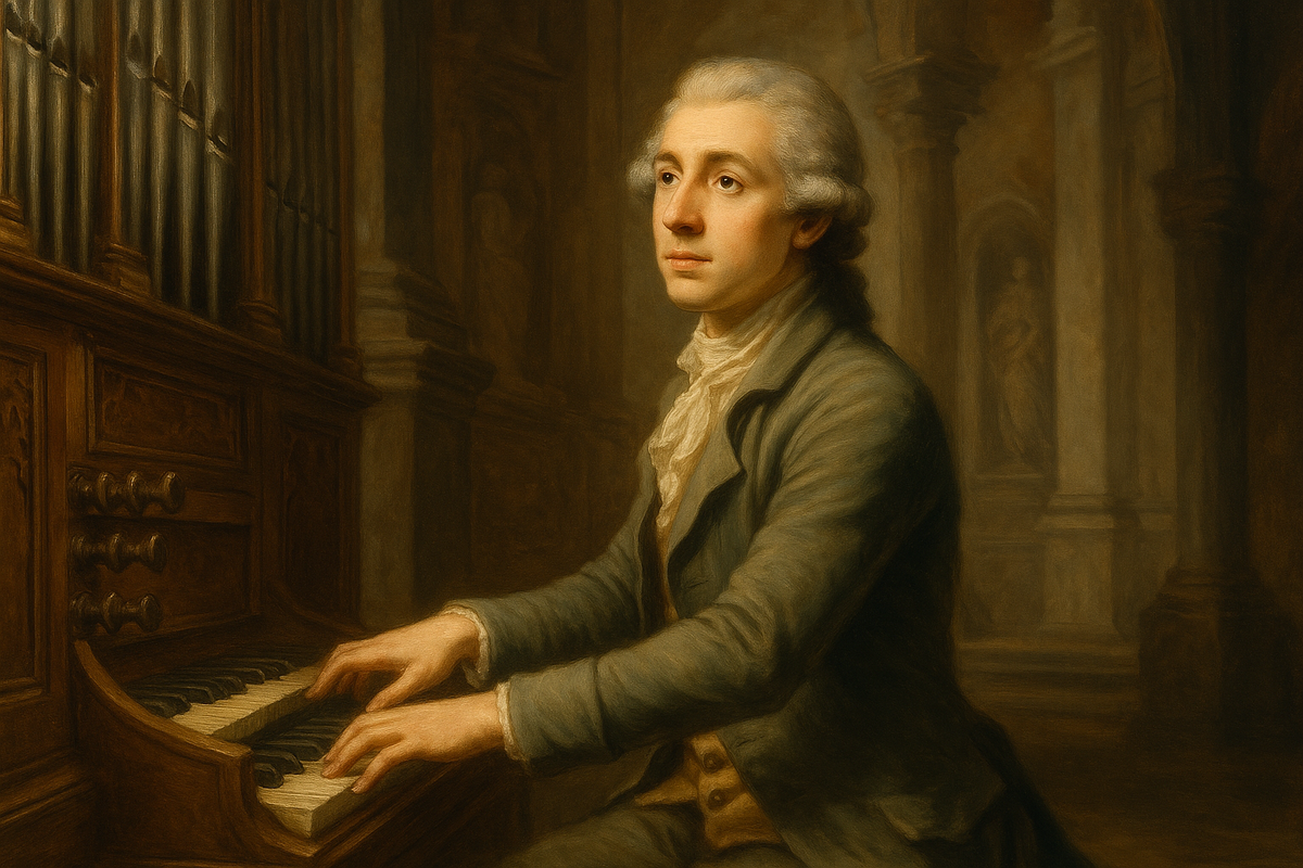 Молодой Джузеппе Сарти за органом собора в Фаэнце.