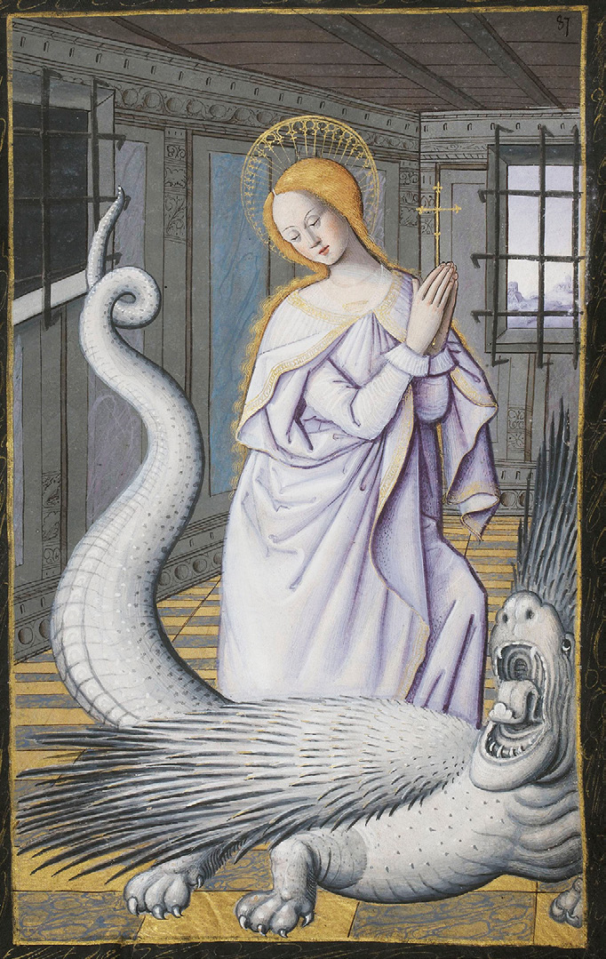 Сент-Маргарет и Дракон
Белый цвет ассоциируется со Святой Маргаритой и всеми ее тезками, поскольку он символизирует жемчужину (маргариту по-латыни) и цветок ромашки. Однако в этой уникальной книге часов все цифры на каждой странице выполнены в белом цвете, дополненные редкими золотыми акцентами или деликатным гризайлем.
Часы Генриха IV Французского, Париж, ок. 1500. Париж, Национальная библиотека Франции, г-жа Латинская 1171, фолио 87.