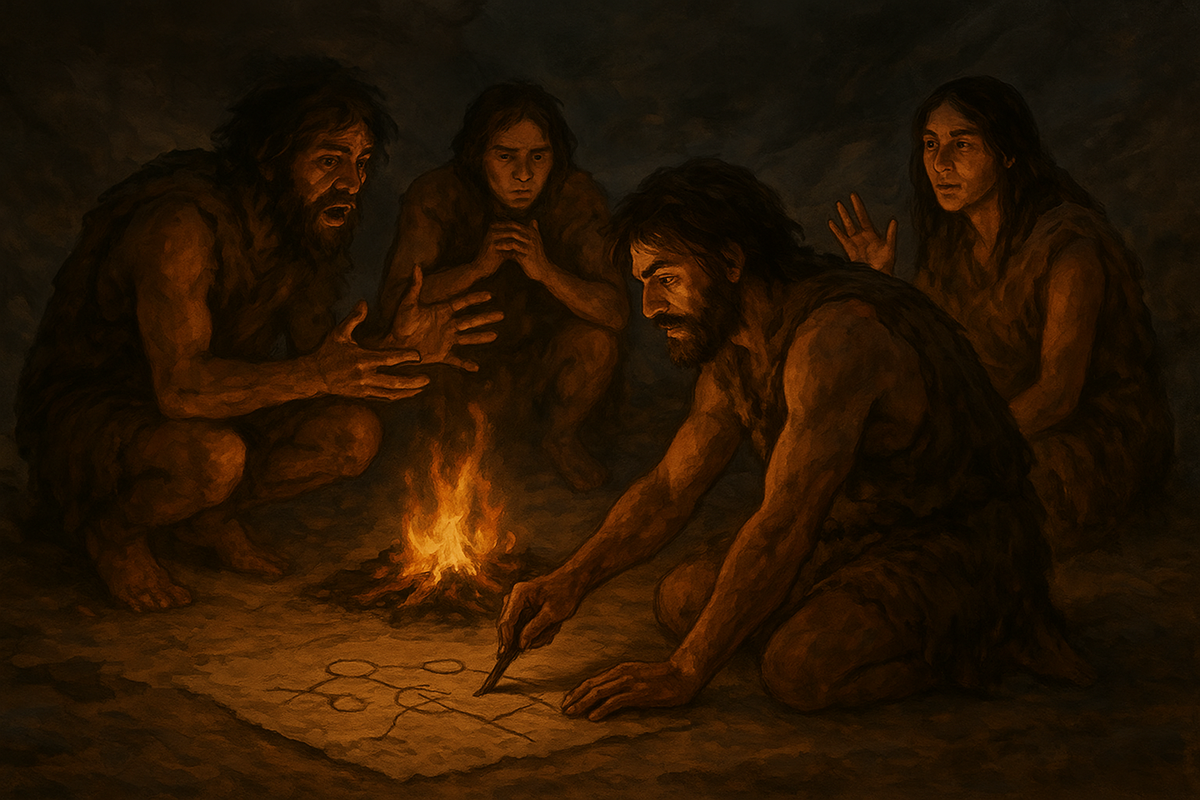 Группа охотников, планирующих охоту, с палкой-схемой на земле. Такой кадр символизирует переход от простых жестов к сложному, осознанному общению
