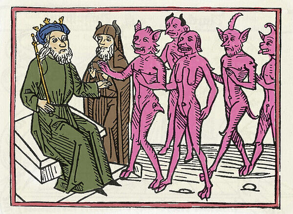 Демон Велиал в сопровождении четырех других демонов присутствует при суде Соломона. Гравюра из «Суда Велиала» епископа Якоба де Терамо, Аусбург, 1473