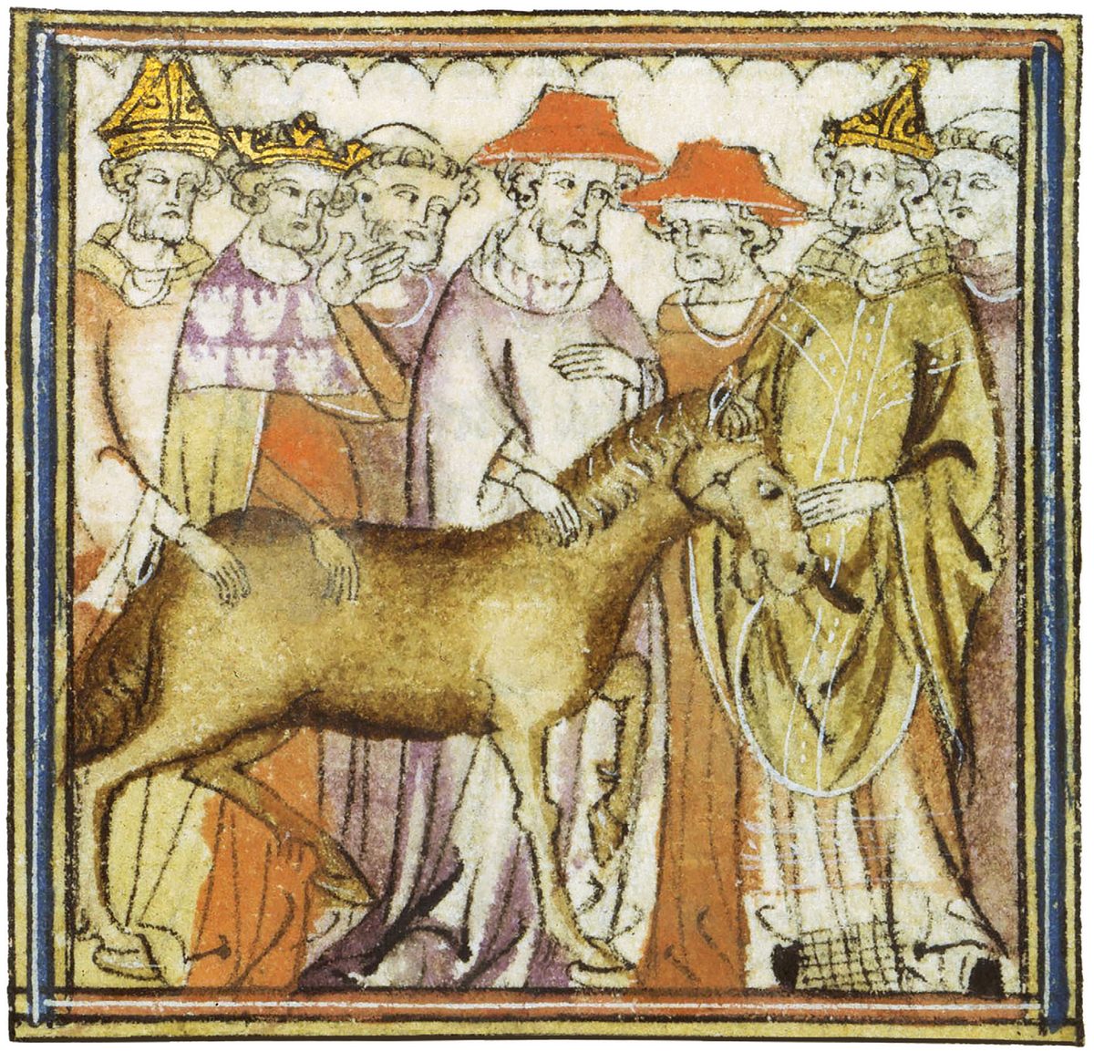 Фовель и его куртизанки
Фовель, аллегорическая лошадь, олицетворяла пороки французского двора начала XIV века. Его образ, представленный в виде лицедейского пальто и шести грехов (Лесть, Алчность, Зло, Гордыня, Зависть, Подлость), служил сатирическим отражением нравов короля и его приближенных.
Жерве дю Бус и Шайю дю Песстен, Ле Роман де Фовель, ок. 1310-16. Париж, Национальная библиотека Франции, г-жа Франс 146, фолио 2 v °.