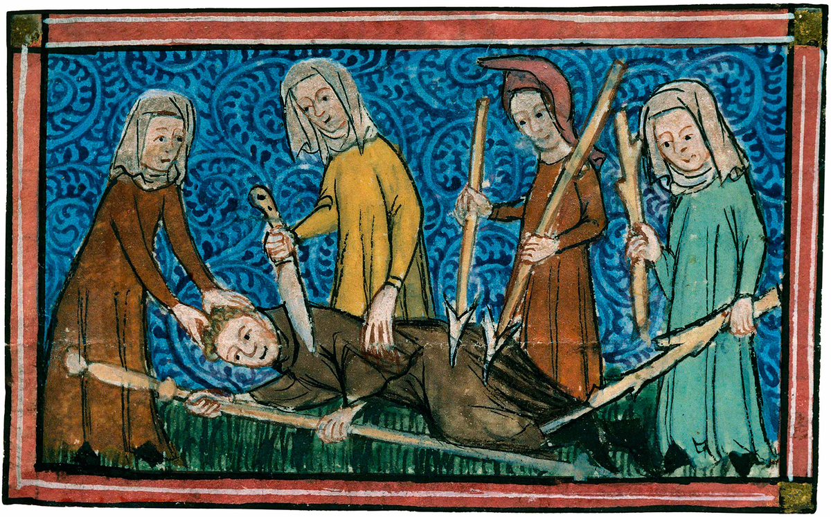 Цвета смертных грехов
С конца XIII века в текстах и изображениях закрепилась цветовая символика семи смертных грехов: гордыня, похоть (иногда гнев или чревоугодие) ассоциировались с красным цветом; алчность – с зеленым; зависть – с желтым; лень – с белым или синим. На представленной миниатюре изображен паломник, подверженный влиянию четырех грехов, которые идентифицируются по цвету одежд, носимых женщинами. Слева направо представлены: гордыня, зависть, похоть (или гнев) и алчность.
Гийом де Дигуллевиль, Le Pèlerinage de vie humaine, конец XIV века. Экс-эн-Прованс, Библиотека Механеса, ст. 110, фолио 127.