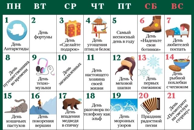    Календарь необычных и веселых праздников на декабрь 2025 года. Инфографика