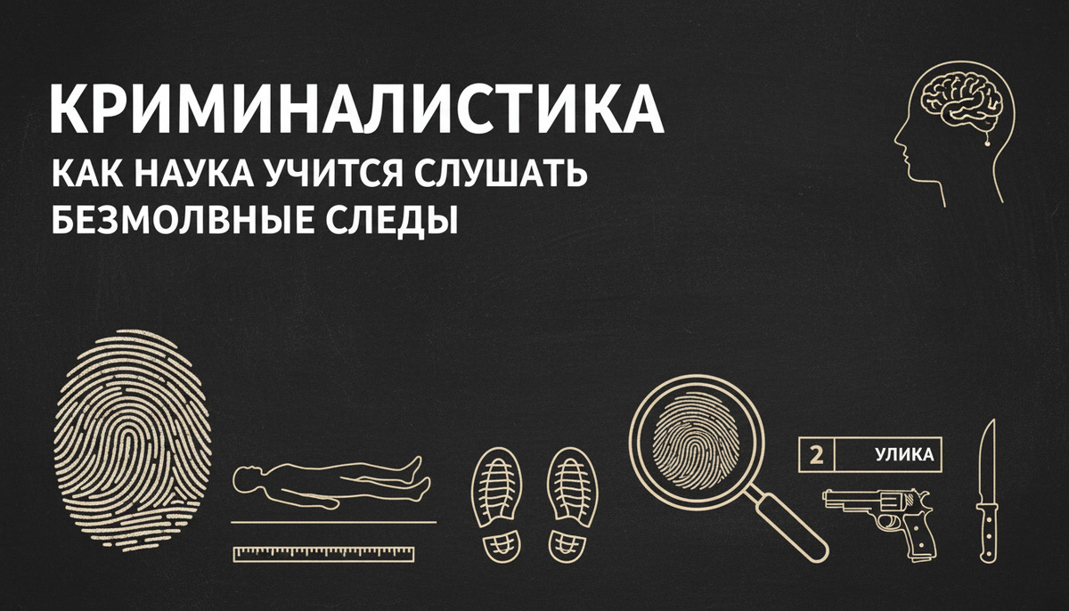 Обложка статьи о криминалистике в стиле школьной доски: на тёмном фоне крупным белым шрифтом написано «Криминалистика. Как наука учится слушать безмолвные следы». Внизу бежевыми линиями как мелом нарисованы отпечаток пальца, контур тела, следы обуви, линейка, лупа с увеличенным отпечатком, табличка «2 улика», пистолет и нож.