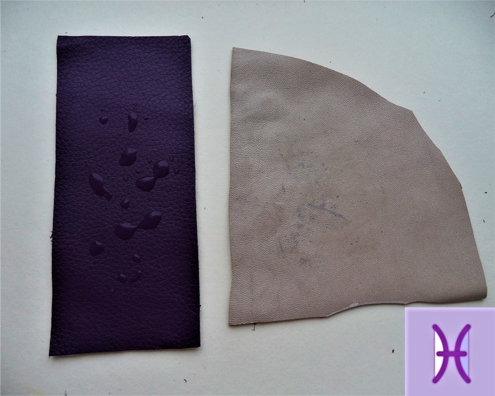 Испытание водой. На искусственной коже капли, а на натуральной вода впиталась остались пятна