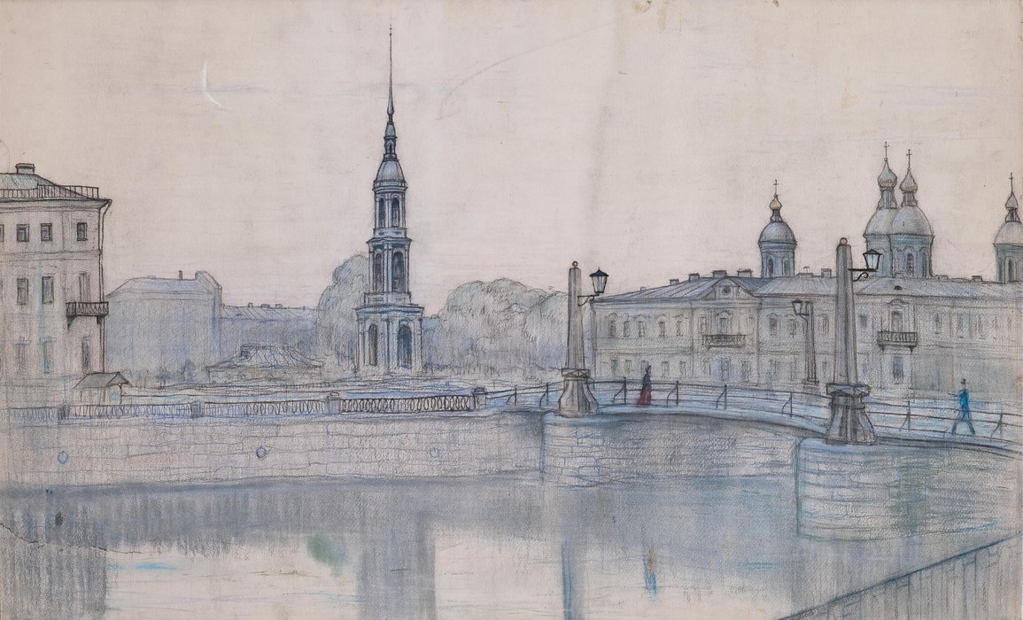 Встреча. Иллюстрация Ильи Глазунова к повести Ф.М. Достоевского «Белые ночи». 1970 г. Картон, уголь, пастель.