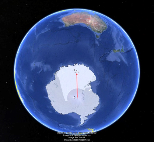 0 – современный Южный полюс.
-1 - Южный полюс до потопа. Рисунок из программы Google Earth Pro.
