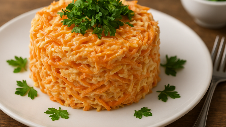 Поставлю «Лисичку» на новогодний стол: салат яркий, как гирлянда, и собирается за 10–15 минут