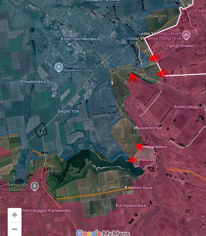    Карта СВО. На Константиновском направлении российские войска атакуют севернее Иванополья.