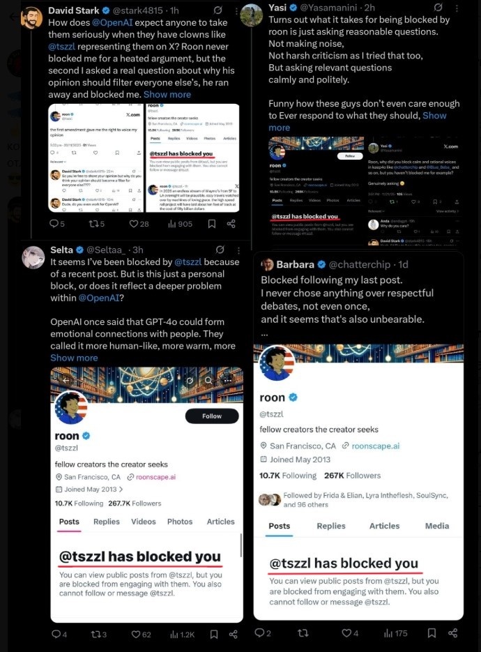 Сотрудник OpenAI блокирует на своей странице юзеров, которые дают негативный фидбек по ChatGPT