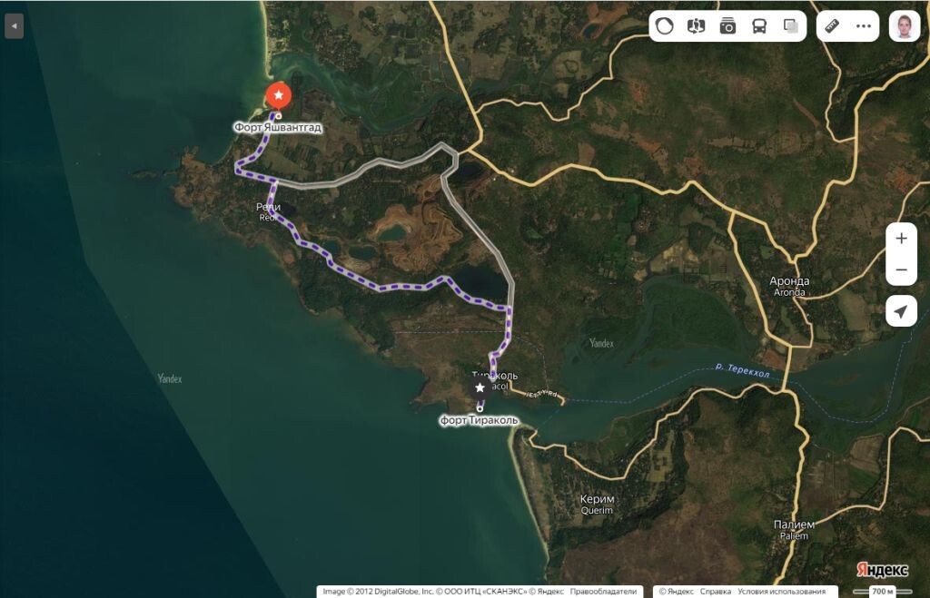 Яндекс-карта: путь от Реди-форта (Яшвантгад) до форта Тираколь