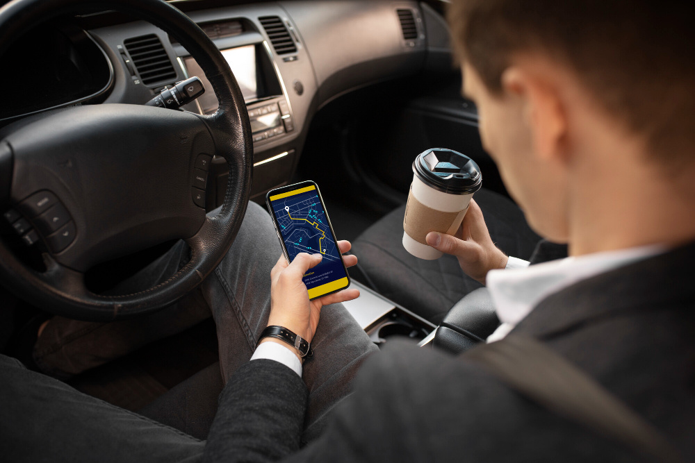Водитель такси изучает детали заказа в смартфоне