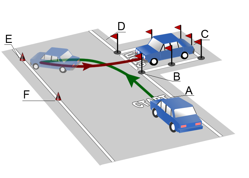 Заезд в гараж с угла прямоугольника, ограниченного линиями