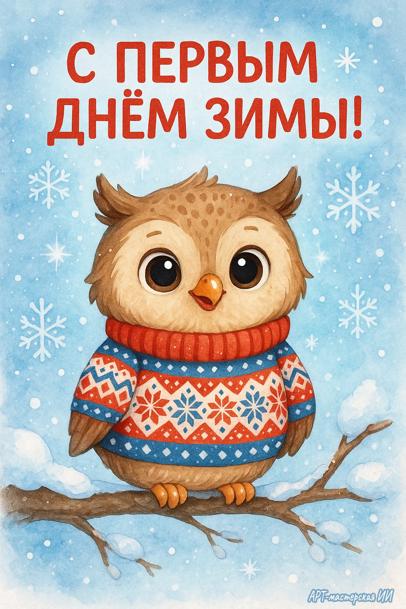 Открытки из серии “С первым днём зимы” от автора канала “Арт-мастерская ИИ”.