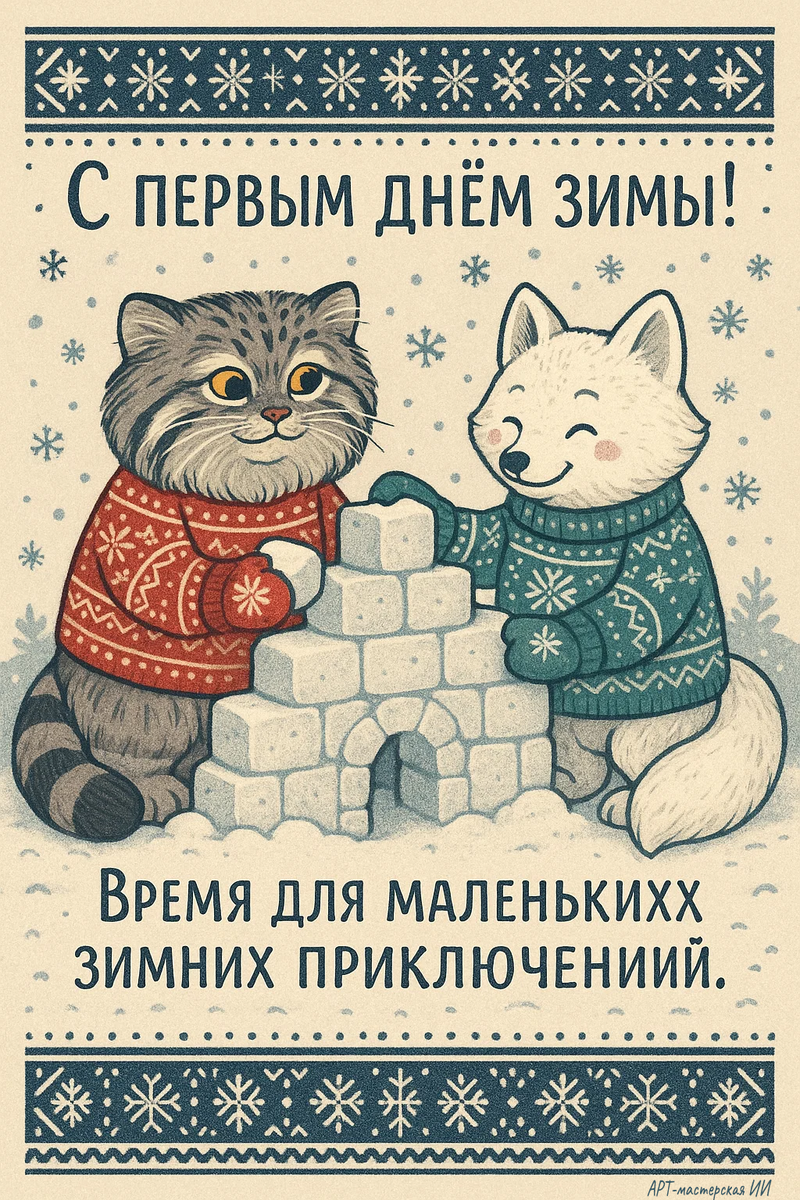 Открытки из серии “С первым днём зимы” от автора канала “Арт-мастерская ИИ”.