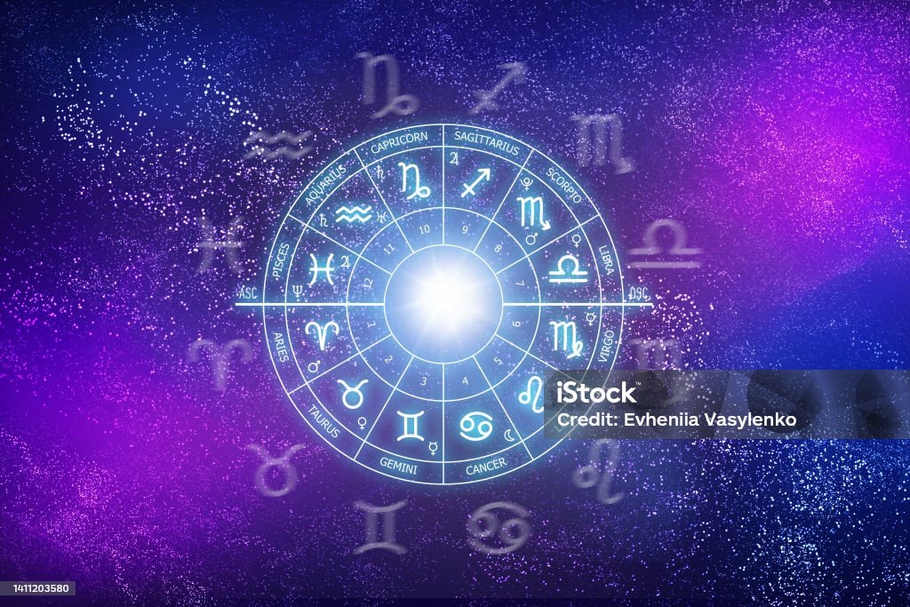    Zodiac circle on the background of the cosmos. Astrology. The science of stars and planets. Esoteric knowledge. Ruler planets. Twelve signs of the zodiac Редакция газеты