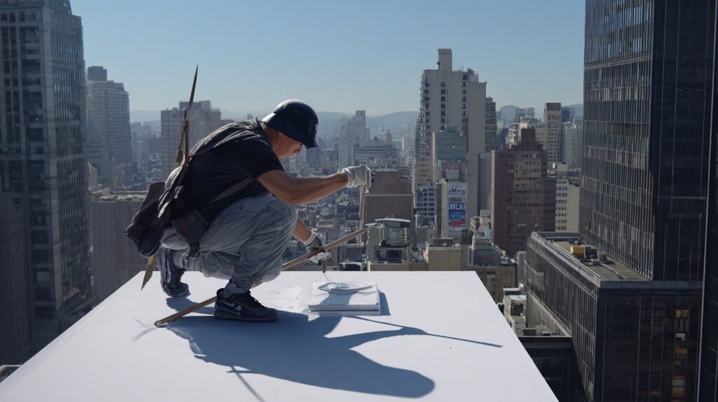    Профессиональный кровельщик выполняет работы по укладке крыши, обеспечивая надежность и долговечность кровельной системы. Rafael