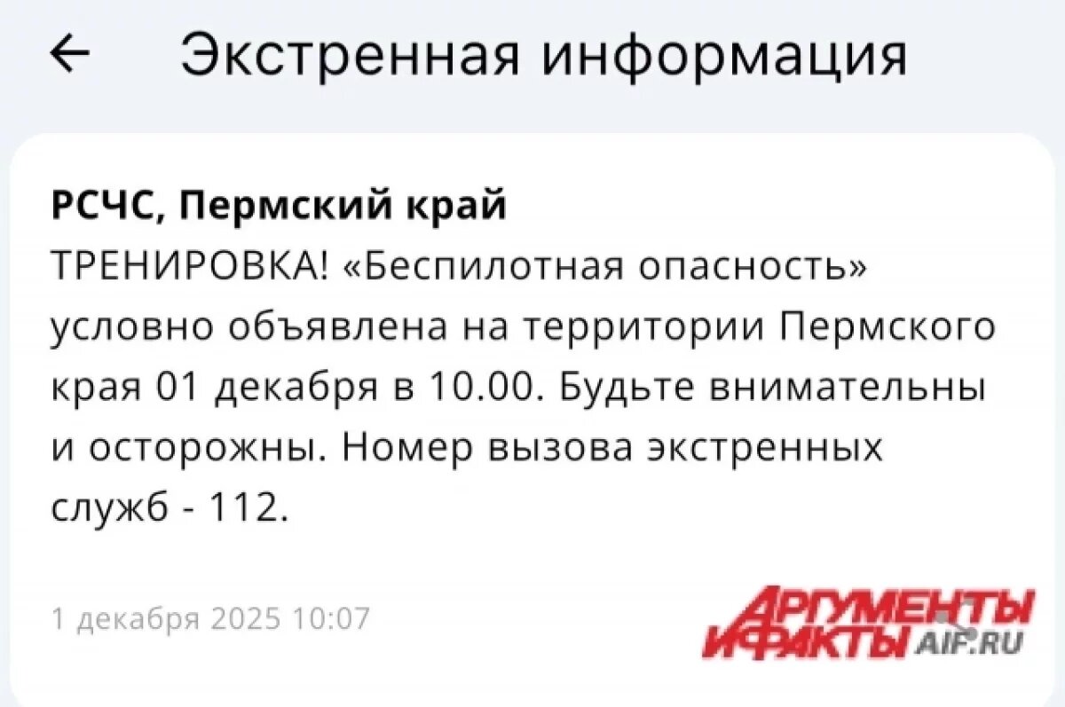    В Пермском крае объявили тренировочный режим беспилотной опасности