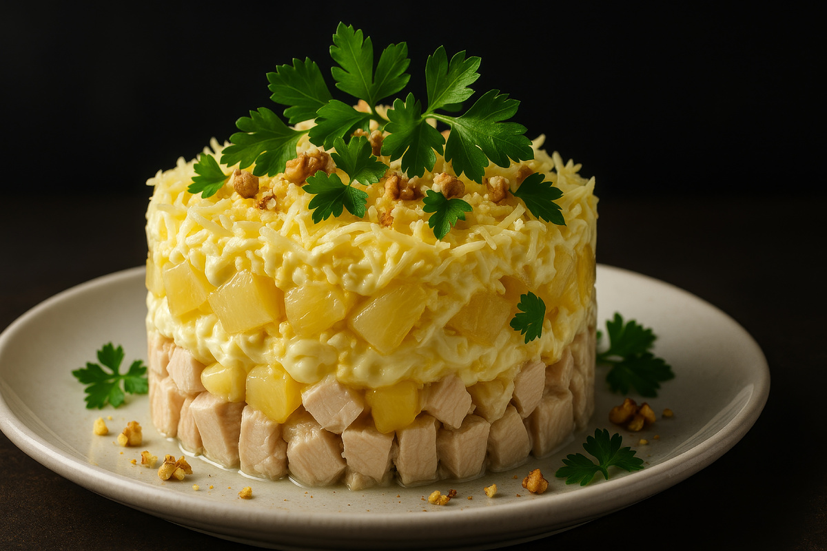 Салат слоеный курица ананас