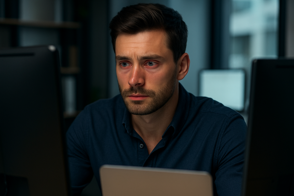 Мужчина с красными глазами работает за компьютером.