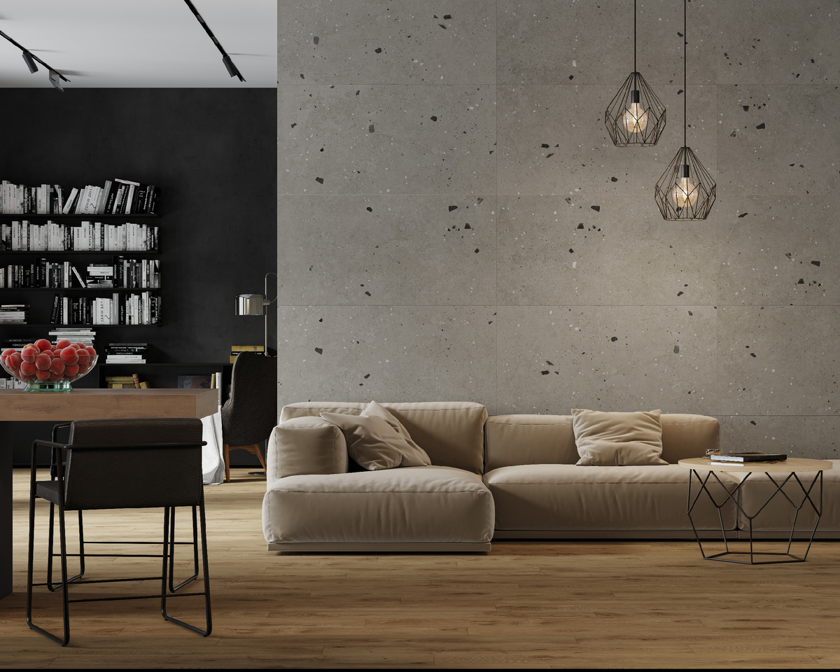 Сочетание керамогранита Etagi под терраццо и керамогранита Alleya под дерево в гостиной