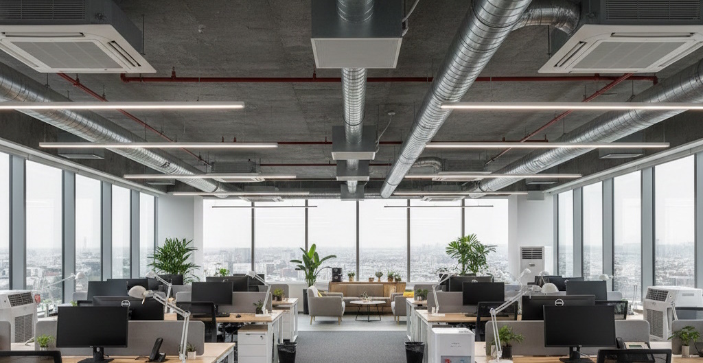 Современный офис с элементами вентиляции и кондиционирования