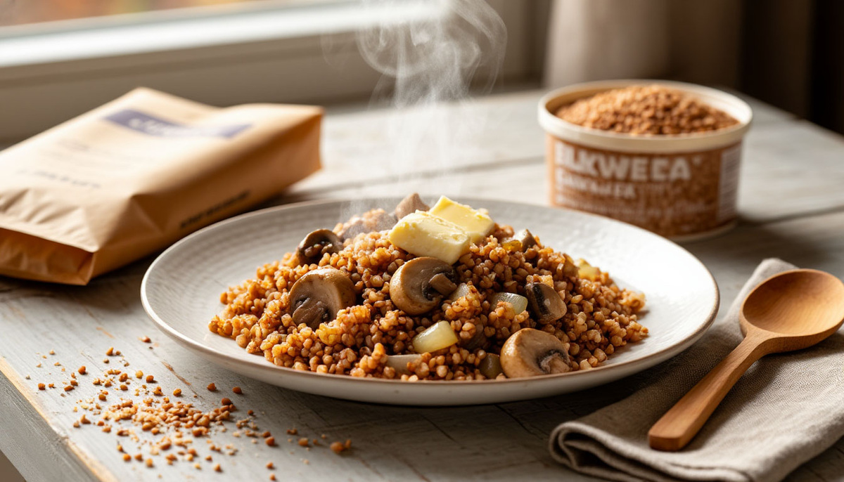 «Гречка с грибами (шампиньоны): не “постная”, а “когда хочется насыщенности — без мяса”»