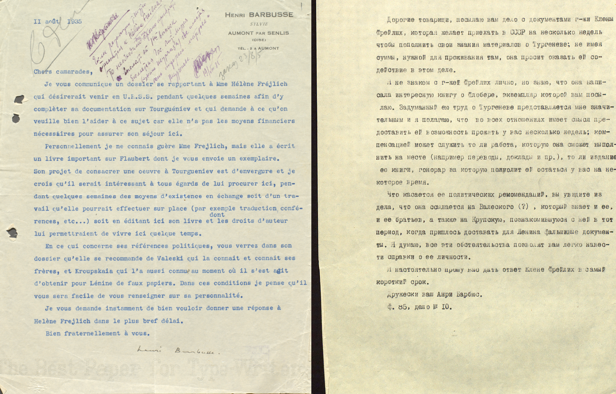 Письмо Барбюса Анри ВОКС (Всесоюзному обществу культурной связи с заграницей) на французском языке с переводом. На полях пометки сотрудника ВОКС. 11 августа 1935 г. РГАЛИ. Ф.85. Оп. 1. Машинопись