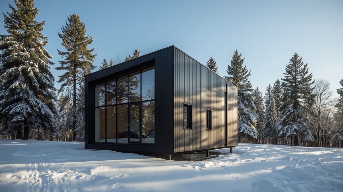 Модульный дом-куб на заснеженном участке