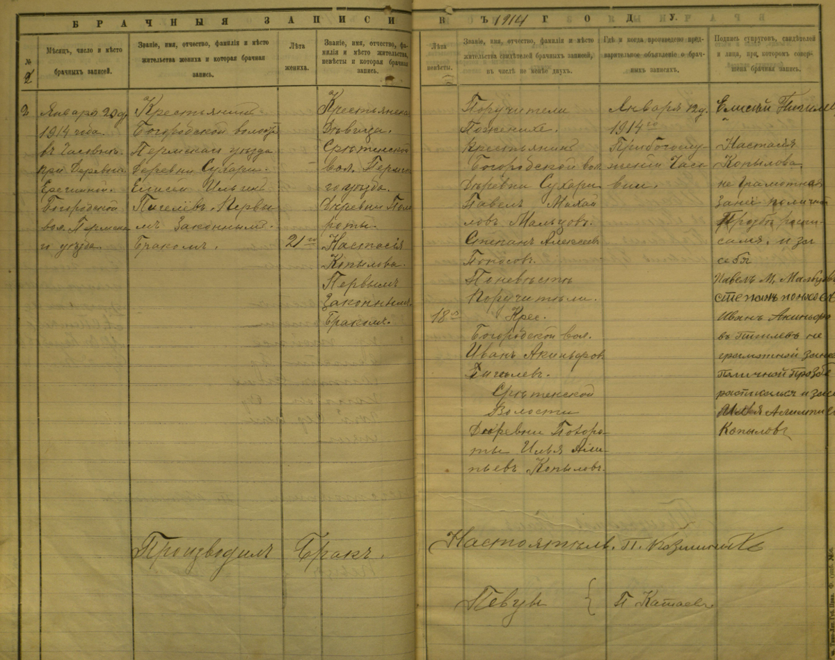 Книга Брачных записей Богородской старообрядческой общины Пермского уезда на 1914 год