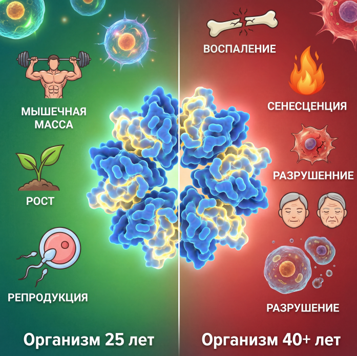 Рис. 1. Инсулин в молодости — гормон роста и размножения, после 40 — триггер старения. Эволюционный механизм антагонистической плейотропии