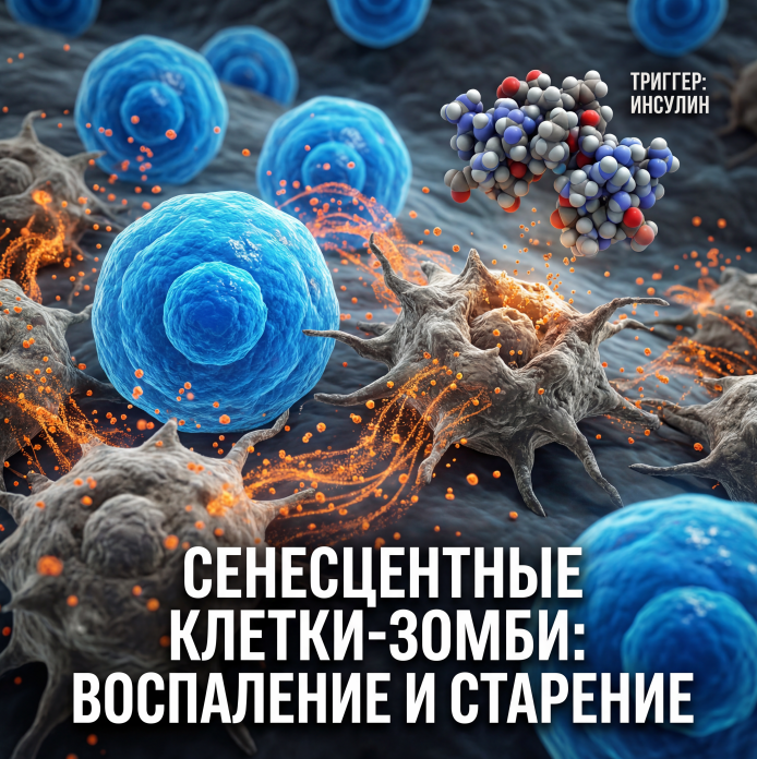 Рис. 2. Сенесцентные клетки-зомби при инсулинорезистентности: выделяют воспалительные вещества (SASP), которые разрушают соседние здоровые ткани