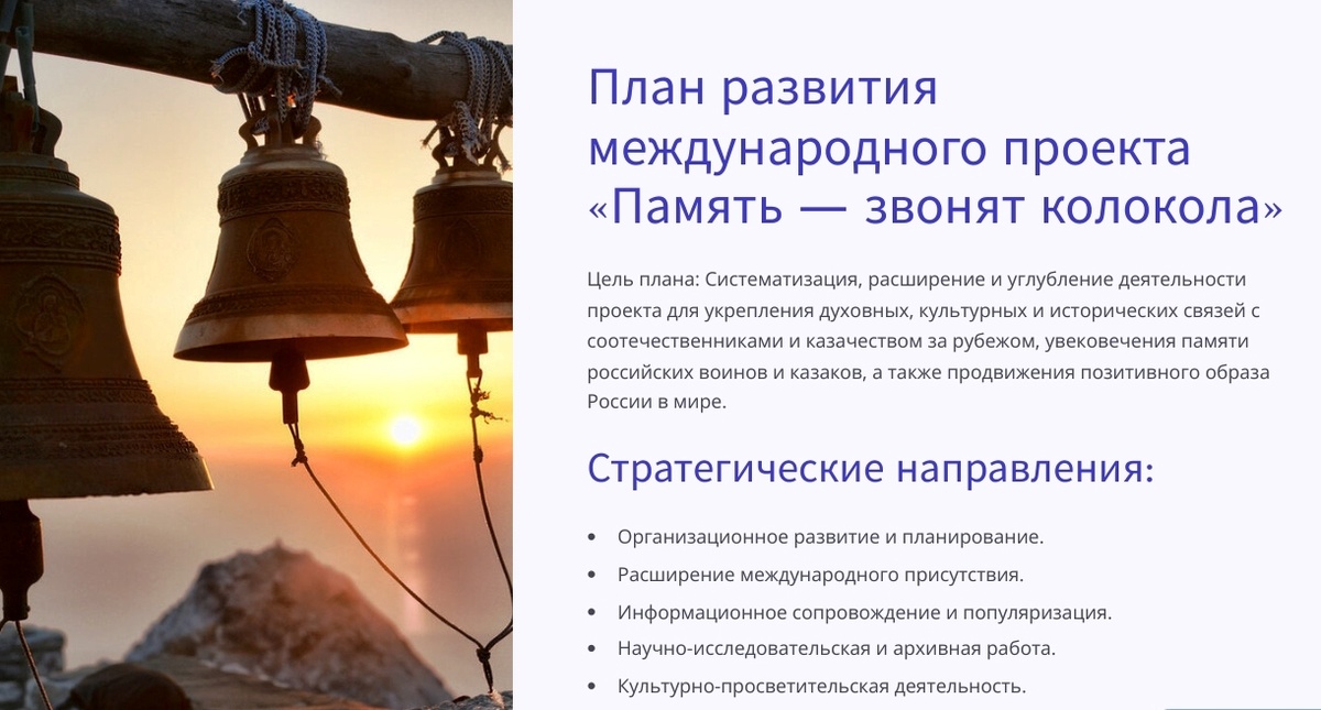 План развития Международного проекта "Память - звонят колокола"