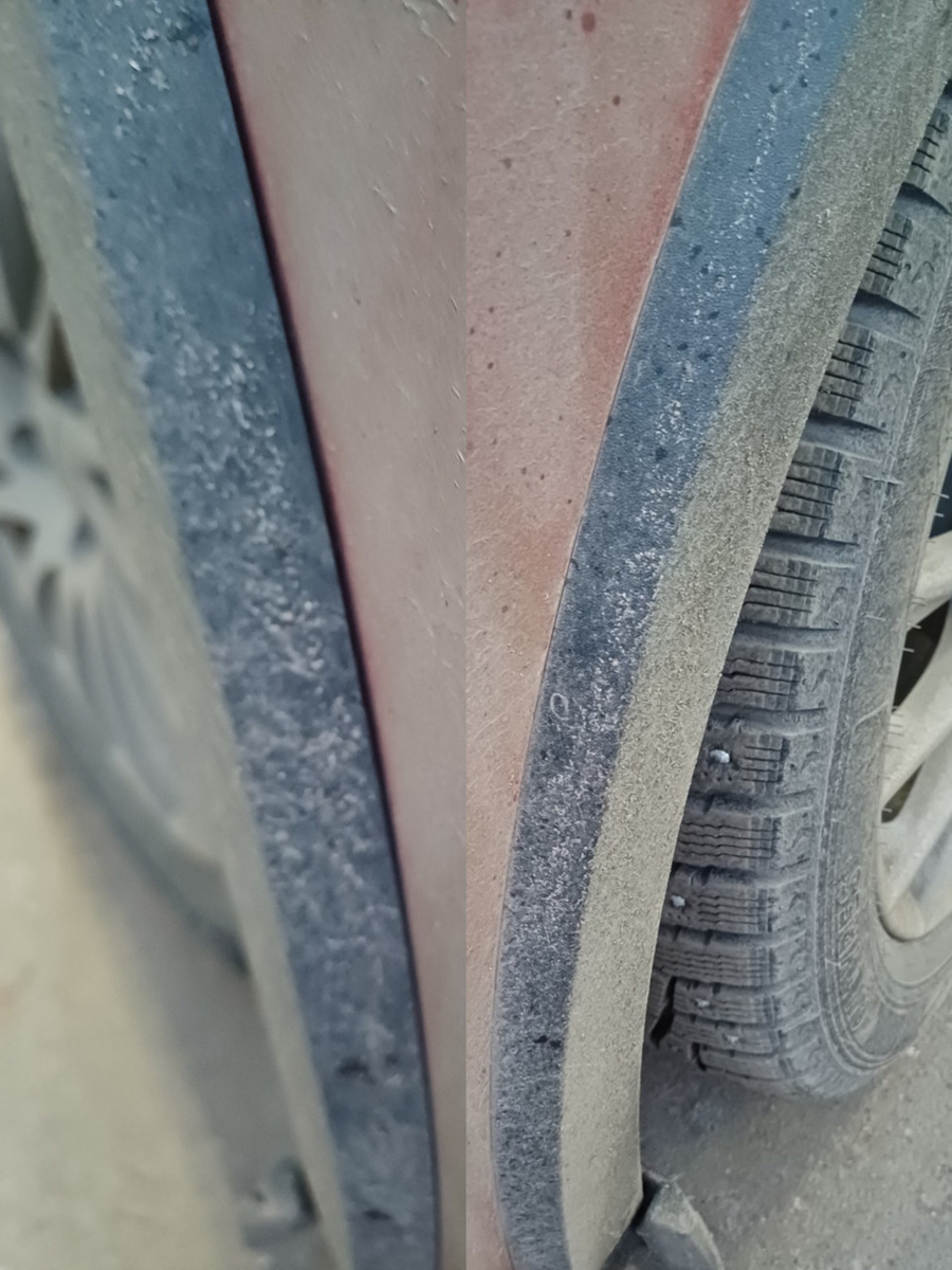 На изображении прекрасно видно, что правый расширитель арки плотно прижат к кузову, а между левым расширителем и крылом щель в 2 миллиметра.